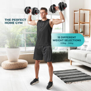 Man holding 24kg Adjustable Dumbbells in home gym with text description