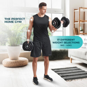 Man holding 40kg Adjustable Dumbbells in home gym with text description