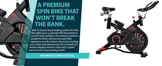 Indoor Exercise Bike with text describing the key features of the spin bike