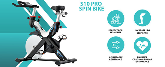 Indoor Exercise Bike with text describing the key features of the spin bike