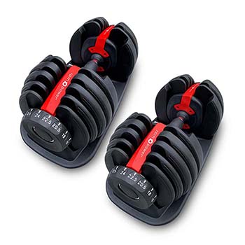 A pair of red 24kg adjustable dumbbells against a white background