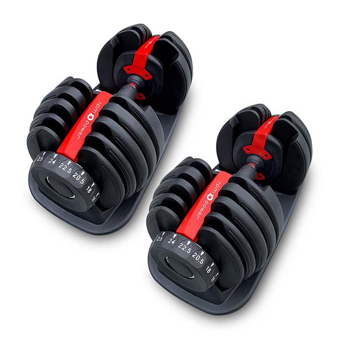 A set of red and black adjustable dumbbells against a white background
