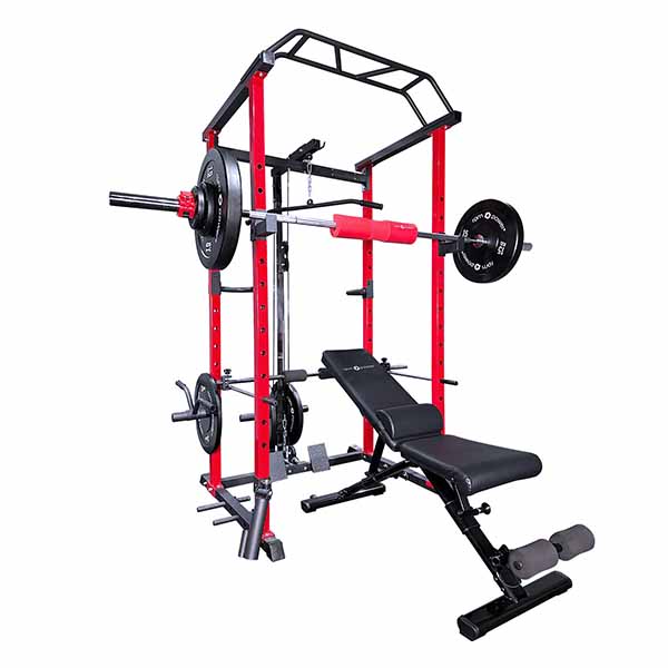 Hi-Lo Red Rack Cable Machine Bundle with bench and barbell on a white backgroud.