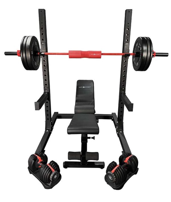 Ultra rack with 24kg dumbbells and P1400 adjustable bench as a home gym bundle.